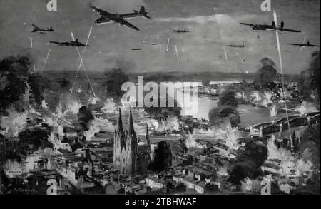 Eine Zeichnung von Charles Cundall, die das Kölner Zentrum in der Nacht vom 30. Mai 1942 zeigt, als über 1.000 Bomber die Stadt zusammen mit Ruhr und Reineland attackierten. Der zweite Weltkrieg dauerte eineinhalb Stunden und 2.000 Tonnen Bomben fielen ab, unglaublich, dass die Kathedrale unberührt blieb. Stockfoto