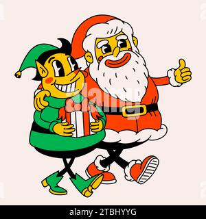 Retro-Zeichentrickfilm Santa Claus und Weihnachtselfen. Groovige Vintage 30er Jahre lustige Santa- und Elfenfiguren, die Arm in Arm gehen Stock Vektor