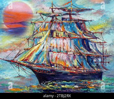 Handgemalte Original Meisterwerke Kunstmaler Ölmalerei Segelboot und Barque im Meer aus thailand, Junk Boot und Glückshandel Stockfoto