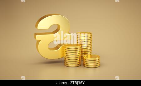 Goldenes Hryvnia-Geldsymbol mit Goldmünzen auf beigefarbenem Atelierhintergrund. Währungsumtausch UAH. Geschäftskonzept. Abbildung 3D-Rendering. Stockfoto