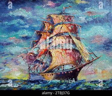 Handgemalte Original Meisterwerke Kunstmaler Ölmalerei Segelboot und Barque im Meer aus thailand, Junk Boot und Glückshandel Stockfoto