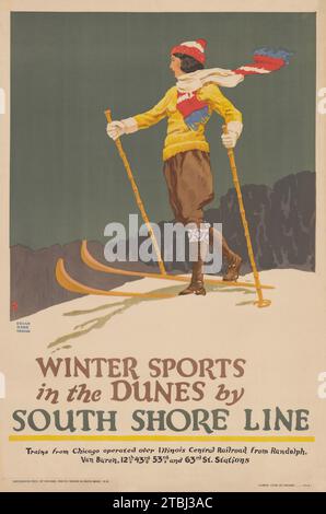 Old American Travel Poster - Wintersport in den Dünen von South Shore Line, Vintage American Travel Poster, 1925 - Railroad Poster - eine Frau aus den 1920er Jahren auf Skiern Stockfoto