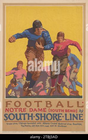 Old American Travel Poster - Football Notre Dame (South Bend) von der South Shore Line, 1926 - Bahnposter Stockfoto