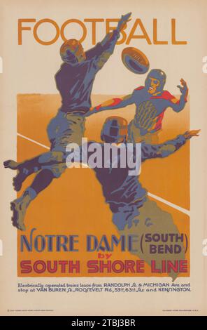 Old American Travel Poster - Football - Notre Dame (South Bend) von der South Shore Line, 1926 - Eisenbahnposter Stockfoto