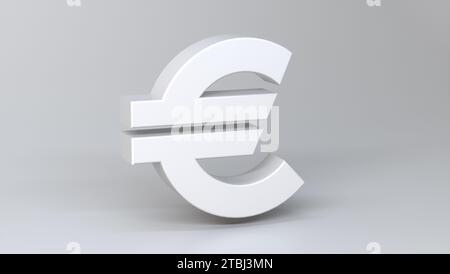 Einfach weißes Euro-Geldsymbol auf weichem grauem Studiohintergrund. Währungsumtausch. Geschäftskonzept. Abbildung 3D-Rendering. Stockfoto