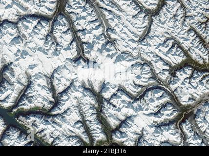 Satellitenbild eines Eisfeldes in den Provinzen British Columbia und Alberta, Kanada. Stockfoto