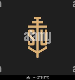 SU Initial-Logo-Monogramm mit Säulen-Icon-Design-Vektor, Anwaltskanzlei-Logo-Design-Inspiration Stock Vektor