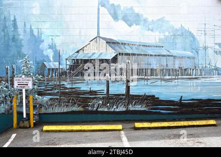 CHEMAINUS, KANADA - 16. MAI 2017: Detail von 'Chemainus Tug Boat', einem Wandgemälde von Mark & Harry Heine aus dem Jahr 1984, ist eines von mehr als 40 Wandgemälden bei Chemainus Stockfoto