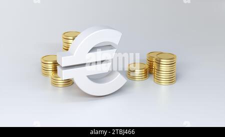 Weißes Euro-Geldsymbol mit einem Stapel Goldmünzen auf einem weichen grauen Atelierhintergrund. Währungsumtausch. Geschäftskonzept. 3D-Rendering Stockfoto