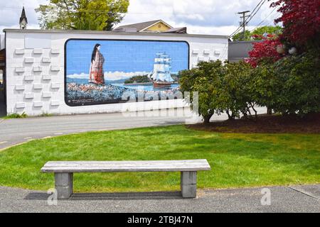 CHEMAINUS, KANADA - 16. MAI 2017: Das Wandbild 'Ankunft des Rentiers', gemalt 1983 von Sandy Clark und Lea Goward, ist eines von mehr als 40 Wandgemälden auf der T Stockfoto