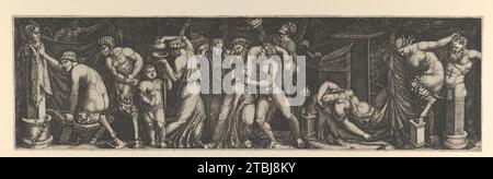 Ein Bacchanal, Silenus, unterstützt von zwei Bacchants in der Mitte, rechts ein weiblicher Satyr, der auf einem Bett liegt und ein anderer, der die Hörner an einer Statue des Priapus zieht, füllen verschiedene andere Figuren die Komposition 1917 von Marcantonio Raimondi Stockfoto