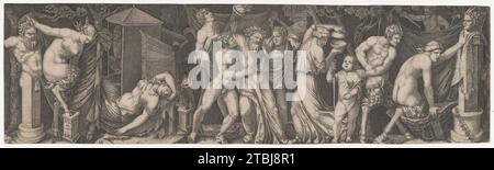 Ein Bacchanal; Silenus wird von zwei Bacchants in der Mitte gestützt, links ein weiblicher Satyr, der auf einem Bett liegt und ein anderer, der an den Hörnern einer Statue des Priapus festhält, während sie versucht, sich auf seinen Phallus aufzuspießen, mit verschiedenen anderen Figuren 1917 von Marcantonio Raimondi Stockfoto
