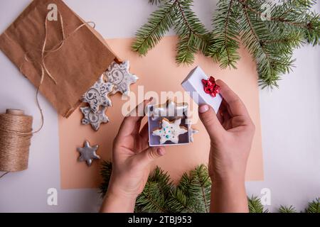 Die Hände halten die weiße Box mit roter Schleife mit hausgemachten Lebkuchenkeksen in Form von Schneeflocken zu Weihnachten. Auf Pfirsichfuzz isoliertem Hintergrund, oben Stockfoto