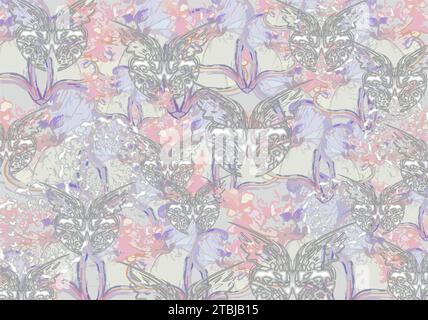 Pastellhintergrund mit Herzen und Schmetterlingselementen für Textilien oder Stoffe. Detaillierter Hintergrund für Geschäftskonzepte, Modetrends und Innenräume Stockfoto