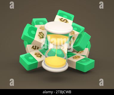 Illustration von Sanduhr mit Dollars stapelt herum auf Brown Studio Hintergrund. Einfaches Symbol für Web und App. Modernes, trendiges Design. Cartoon Stockfoto