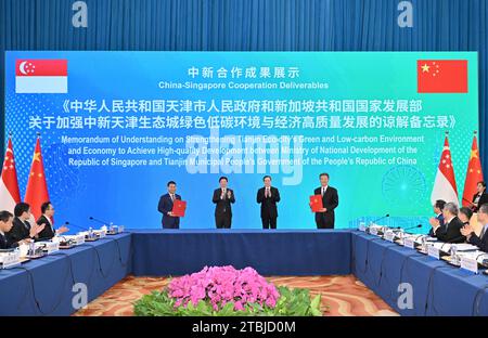 (231207) -- TIANJIN, 7. Dezember 2023 (Xinhua) -- Ding Xuexiang, Mitglied des Ständigen Ausschusses des Politischen Büros des Zentralkomitees der Kommunistischen Partei Chinas und Vize-Premierminister des Staatsrats, Zeuge der Ergebnisse der China-Singapur-Zusammenarbeit mit dem stellvertretenden Premierminister und Finanzminister der Republik Singapur Lawrence Wong in Tianjin, Nordchina, 7. Dezember 2023. Ding und Wong führten gemeinsam den Vorsitz auf der 19. Tagung des Gemeinsamen Rates China-Singapur für bilaterale Zusammenarbeit, der 24. Tagung des Gemeinsamen Lenkungsrates China-Singapur Suzhou Industrial Park (JSC), der 15 Stockfoto