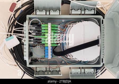 Glasfaserkabel, die an Hochgeschwindigkeits-Ports angeschlossen sind. Eine Hub-Box für die Verbindung von Hauskabeln mit dem schnellen Internet Stockfoto