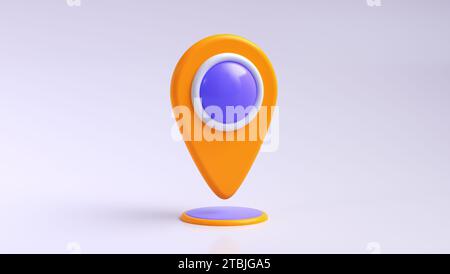 Orangefarbenes Label für Kartensuchhilfe dreht sich um die Achse. Positionssymbol oder Navigationssymbol auf weichem violettem Hintergrund. Suchkonzept. Minimalistischer Cartoon-Stil. Stockfoto