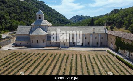 Zisterzienserabtei von Senanque in der Provence, ein Ort der Ruhe und des Gebets zwischen Bergen, Bäumen und Lavendelfeldern. Antike Abtei Stockfoto