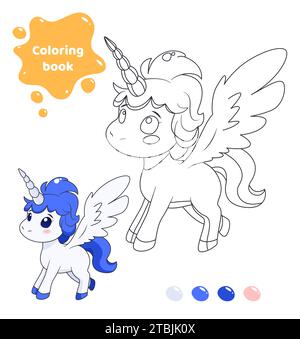 Malbuch für Kinder. Niedliches Einhorn mit Flügeln. Stock Vektor