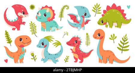 Niedliches Dinosaurier-Set. Clipart Set mit niedlichen farbigen Dinosauriern. Trex, Diplodocus, triceratops, Pterodactel im Cartoon-Stil. Stock Vektor