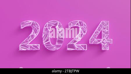 Eistitel aus zerbrochenen Kristallen verbinden sich zu den Zahlen 2024 für das neue Jahr, auf rosa Hintergrund. 3D-Rendering. Stockfoto