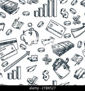 Nahtloses Muster für Finanzgeschäfte. Vektorgrafik von Hand gezeichnet. Geldinvestitionen kritzelnde Symbole auf weißem Hintergrund. Bankzahlung und Investition d Stock Vektor