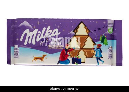 Tiegel von milka Special Edition süße Wintermilchschokolade ausgeschnitten auf weißem Hintergrund Stockfoto