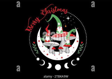 Magische Gnome in den mystischen Pilzwäldern auf Mondsichel und Sternen. Weihnachtskonzeptsymbol, Hexenpilz und Mondphasen. Magisch Stock Vektor