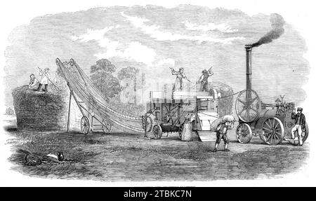 Kombinierte Streich- und Stapelmaschine, 1861. Die bekannte Firma Wilkinson. Wright und Co., Ingenieure und Fabrikbauer, aus Boston, Lincolnshire, die Preismedaille für ihre Schlagmaschine bei der Highland Agricultural Society's Show in Dumfries letztes Jahr erhalten hat; und die Firma erlangte weitere Berühmtheit bei der Royal Agricultural Society's Show in Leeds für ein neues Instrument namens Patent Self-Acting Straw-Elevator... es besteht aus einem endlosen Netz, das sich um vier Punkte eines Rahmens dreht, der ähnlich dem einer Feuerflucht aussieht. Die Aktion des Netzes, das nach oben läuft Stockfoto