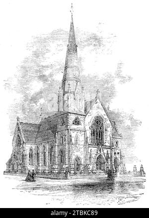 New Wesleyan Chapel, Mornington-Road, Southport, Lancashire, 1861. "Der Stil der Architektur, in der das Gebäude entworfen ist, ist die früh dekorierte Gotik. Äußerlich ist das wichtigste Merkmal, das auf das Auge trifft, der Turm, 130 Meter hoch über der Spitze des geblähten und vergoldeten Finials, von dem er überwunden wird. Etwa 20 Fuß unter diesem Finial befindet sich ein Kreis von Giebellichtern... der Hauptgiebel trägt auf seiner Spitze ein steinernes Finial von etwas neuartigem Design. und wird von einem großen Fünflichtfenster durchbohrt, dessen Kopf mit aufwändigen tracery...in gefüllt ist Stockfoto