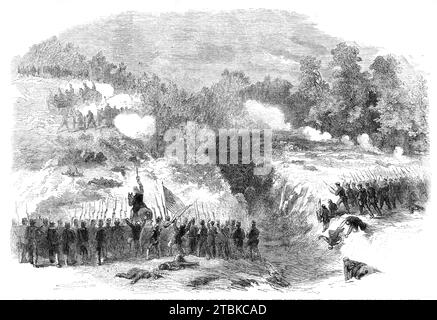 The Civil war in America: Attack on the Confederate Batteries at Bull Run by the 27th and 14th New York Regiments - nach einem Entwurf unseres Künstlers, 1861. "Unser Künstler schreibt: "Gegen Mittag tobte die Schlacht am höchsten. Zwei der tapfersten Anklagepunkte, die ich auf dem Teil des Feldes sah, in dem ich Stellung genommen hatte, mit dem erstgenannten Regiment, sind Gegenstand der Begleitskizze. Die Batterie auf der rechten Seite war eine fliegende, gestützt von einem starken Körper konföderierter Infanterie, der sich in der Schlucht und im Dickicht auf der Spitze des Hügels versteckte. Zur Annäherung des 27. Regimes Stockfoto