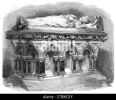 Denkmal für Lady John Manners in der Leichenkapelle der Rawsley-Kirche, 1861. Marmorgrab mit Skulpturen von Catherine Marley und ihrer zwölftägigen Tochter Edith Katherine Mary in der St. Katherine’s Church, Rowsley, Derbyshire. Dieses Denkmal wurde zum Gedenken an Lady John Manners errichtet, die am 7. April 1854 starb. Der Stil des Denkmals ist Teil der Mittelgotik, und die verwendeten Materialien stammen alle aus Derbyshire. Es besteht hauptsächlich aus Stein, der als Darley Dale bekannt ist, mit rosafarbenen Marmorsäulen, den geschnitzten Kapitellen, den Tafeln und der Figur aus Alabaster. Stockfoto