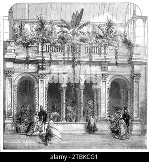 Royal Horticultural Society's Gardens, South Kensington: Versenkte Arkade im Great Conservatory, 1861. Der neue Garten der Gesellschaft wurde 1861 eröffnet und befand sich am heutigen Standort des Science Museum und des Imperial College London. Prinz Albert, als Präsident der RHS, beeinflusste alles, von der Lage des Gartens in Kensington bis hin zu seiner italienischen Architektur und sogar den Veranstaltungen, die dort stattfanden. Die Gesellschaft hatte vereinbart, dass der Garten allen Ticketinhabern für die internationalen Ausstellungen im neuen Kulturviertel South Kensington zugänglich sein sollte. Veranstaltungen wie der Internationale Gartenbau Stockfoto