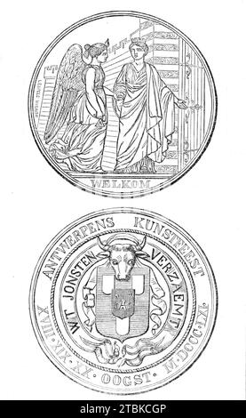 Medaille der Stadt Antwerpen zum Gedenken an die Kunstfeste im August 1861. Bronzemedaille von Leopold Wiener. Vorderseite: Gekrönte Frau (die Antwerpener Jungfrau), die am offenen Tor steht und die Hand eines Engels hält. Inschrift: „Welkom“. Rückseite: Wappen unter Ochsenkopf, umgeben von der Inschrift: 'Antwerpens Kunstfeest - WT Jonsten verzaemt'. Aus Illustrated London News, 1861. Stockfoto