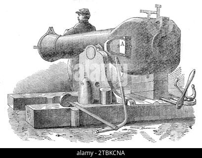 Die Cavalli-Kanone auf der ersten italienischen Nationalausstellung in Florenz, 1861. "Das große Objekt, das durch den Einsatz von Kanonen erreicht werden soll, ist... die Unterdrückung des Rückstoßes, bei dem normalerweise ein gewöhnliches Stück Artillerie abgefeuert wird... die Cavalli-Kanone in unserer Gravur ist ein 32-Pfünder... die Form des Stands und die besondere Anordnung der Plattform sind kombiniert so, dass der Rückschlag verhindert wird und die Kanone immer im Batterie gehalten wird. A. ist das Stück weißes Metall, das dazu dient, die Öffnung zu schließen, nachdem das konische Geschoss (B) in eingeführt wurde Stockfoto