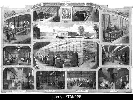 Royal Small Arms Factory, Enfield, 1861. Die RSAF war eine britische Waffenfabrik, die ab 1816 britische Militärgewehre, Musketen und Schwerter herstellte. Die Fabrik entwarf und produzierte viele berühmte Waffen der britischen Armee, darunter die Lee-Enfield-Gewehre, die während der beiden Weltkriege zur Standardausrüstung gehörten. Die RSAF wurde 1988 geschlossen. Aus Illustrated London News, 1861. Stockfoto