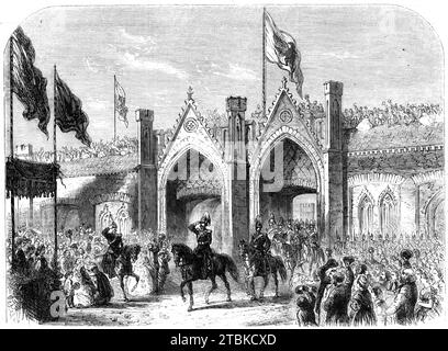 Die Krönung des Königs von Preußen: Seine Majestät tritt in K&#xf6;Niggsberg [jetzt Kaliningrad] durch das Brandenburger Tor ein - nach einer Skizze unseres besonderen Künstlers, 1861. "Der König und der Kronprinz... es ist ihm zutiefst zu bedauern, dass König Wilhelm von Preußen die Grundlage, auf der die königliche Autorität letztlich beruht, völlig falsch versteht. und dass er es in hochmütiger Missachtung des Zeitalters für notwendig erachtet hätte oder in seinem eigenen Namen die überholte Lehre vom "göttlichen Recht" verkünden sollte. Die Familie der Hohenzollern ist nicht so alt, noch sind ihre Besitztümer herangekommen Stockfoto