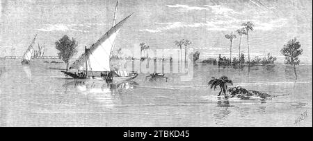 Überschwemmung des Nils: Blick unterhalb von Kafr Zayat, mit Blick auf die Eisenbahnbrücke und Zug von der Strecke, 1861. "Der Nil ist dieses Jahr 2,5 Meter höher als die üblichen Überschwemmungen, was große Verluste verursacht. und viele der Bewohner in völliger Ruine... die Kommunikation mit dem Inneren ist so vollständig zerstört, dass es keinen Dampfer gab, auch nicht von Kairo, seit die Passagiere Kalkutta durchkamen... es besteht kein Zweifel, dass eine große Menge Baumwolle lost...in ein Dorf ist, es wird angenommen, dass 60 Menschen umgekommen sind... die Bahn ist 20 Meilen mehr oder weniger beschädigt. Stockfoto