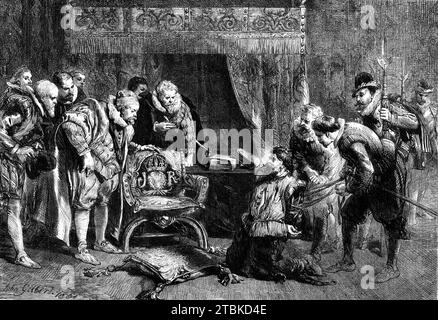 The Gunpowder Plot: Guy Fawkes wird von James I. und seinem rat in der Schlafkammer des Königs in Whitehall verhört – von John Gilbert, 1861. Gravur eines Gemäldes. "...so groß war die Perversion der Umstände, die mit diesem grausamen Entwurf des religiösen und politischen Parteigeistes verbunden waren, dass wir erst in den späten Jahren alles erreicht haben, was sich wirklich dem Geschehen nähert. Selbst jetzt... gibt es viel... was mit Rätseln zu tun hat. Es war die Politik von Jakob I. und seinen Ministern, den Gunpowder Plot als vom Papst ermutigt und vom gebilligt zu vertreten Stockfoto