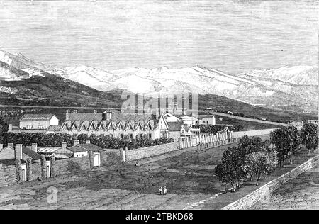 Die Residenz von Brigham Young in Great Salt Lake City, Utah, 1861. Das Haus des Mormonen-Anführers Young befindet sich auf der Nordseite der Stadt, an einem Abgrund, über dem sich die Ausläufer der Wahsatch Mountains erheben. In The View befindet sich sein Haus fast in der Mitte, überragt von einem kleinen quadratischen Turm mit einem goldenen Bienenstock auf der Spitze, dem Wahrzeichen der Stadt. In diesem Gebäude aus Holz wohnen seine erste Frau und Familie. Das niedrige Gebäude auf der linken Seite enthält die Büros der Kirche. Das nächste auf der linken Seite, das Hauptobjekt auf dem Bild, ist das Zion-Haus, in dem die restlichen Ehefrauen wohnen Stockfoto