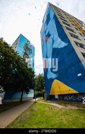 Danzig, Polen - 23. Juli 2023: Bunte Wandmalereien im Stadtteil Zaspa an den Seitenwänden hoher und großer Wohnblöcke Stockfoto