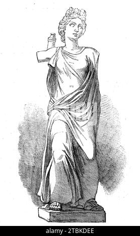 The Cyrene Marbles im British Museum: Diana, 1861. Statue aus Kyrene, einer antiken griechischen und später römischen Stadt in der Nähe des heutigen Shahhat in Libyen. Die Statue von Diana ist ein durchschnittliches Exemplar späterer Arbeiten. Eine Auswahl von Antiquitäten, gesammelt von Mr. Werry, Vizekonsul Ihrer Majestät in Ben-Ghazee, einer Stadt, die die alten Hesperiden repräsentiert, später Berenice, die westlichste der fünf Städte der Cyrena&#xef;CA... Die Zeit, in der Cyrene eine liberale Regierungsform genoss, war glücklicherweise die Zeit, in der Kunst und Literatur in dem höchsten Zustand waren, den sie unter den Gree erreichten Stockfoto