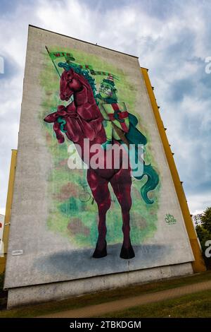 Danzig, Polen - 23. Juli 2023: Bunte Wandmalereien im Stadtteil Zaspa an den Seitenwänden hoher und großer Wohnblöcke Stockfoto