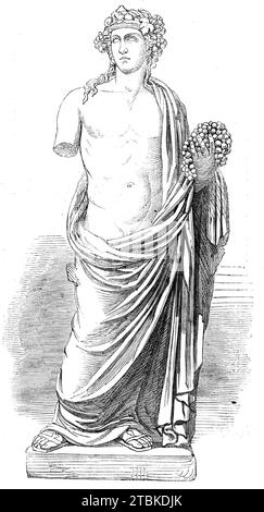 Die Cyrene Marbles im British Museum: Bacchus, 1861. Statue aus Kyrene, einer antiken griechischen und später römischen Stadt in der Nähe des heutigen Shahhat in Libyen. Statue von Bacchus, ein Iittle über Lebensgröße... eine Auswahl von Antiquitäten, gesammelt von Mr. Werry, Vizekonsul Ihrer Majestät in Ben-Ghazee, einer Stadt, die die alten Hesperiden repräsentiert, später Berenice, die westlichste der fünf Städte der Cyrena&#xef;CA... Die Zeit, in der Cyrene eine liberale Regierungsform genoss, war glücklicherweise die Zeit, in der Kunst und Literatur in dem höchsten Zustand waren, den sie unter den Griechen erreichten. Auf dieser Seite A Stockfoto