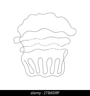 Durchgehende einzeilige Zeichnung von Cupcake. Einfache Linienkunst von Muffins mit Zuckerguss. Schwarz-weiße Vektorillustration in einer Linie. Minimalistisches des Stock Vektor