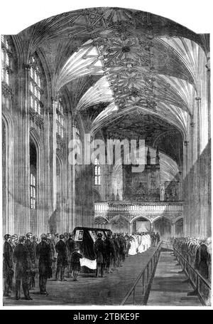 Die Beerdigung seiner verstorbenen Königlichen Hoheit des Prinzen Consort: Die Beerdigungsprozession im Kirchenschiff St. George's Chapel, Windsor, 1861. "Auf ausdrücklichen Wunsch seiner Königlichen Hoheit war die Beerdigung von schlichtem und privatem Charakter... Eine allmählich ansteigende Plattform führte vom Schlosshof in das Schiff [der St. Georgs Kapelle], an den Seiten und in der Mitte war eine Bühne errichtet worden... diese Bühne... und der Boden der Kapelle selbst waren mit schwarzem Tuch bedeckt; eine einfache weiße Linie markierte den Verlauf des Biers vom westlichen Ende des Kirchenschiffs bis zum Eingang des königlichen Gewölbes... der Kumpel Stockfoto