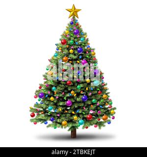 Weihnachtsbaum- und Happy New Year-Party isoliert auf weißem Hintergrund mit Dekorationen als festliche immergrüne Einzelpflanze mit Details Stockfoto