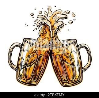 Zwei Toastbecher aus Glas, Gläser. Glasbecher voller Bier und Schaum klirren. Cheers, Vektor-Illustration Stock Vektor