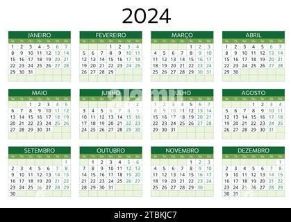 portugiesischer Kalender 2024. Einfache Vektorvorlage Illustration für Portugal. Horizontal. Planen Sie Ihr Jahr Stock Vektor